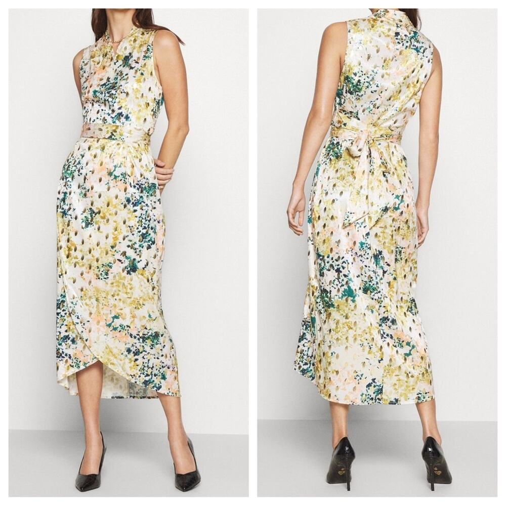 Never Fully Dressed Zsu Zsu Gold Foil and Green Sleeveless Wrap Dress - US 4
